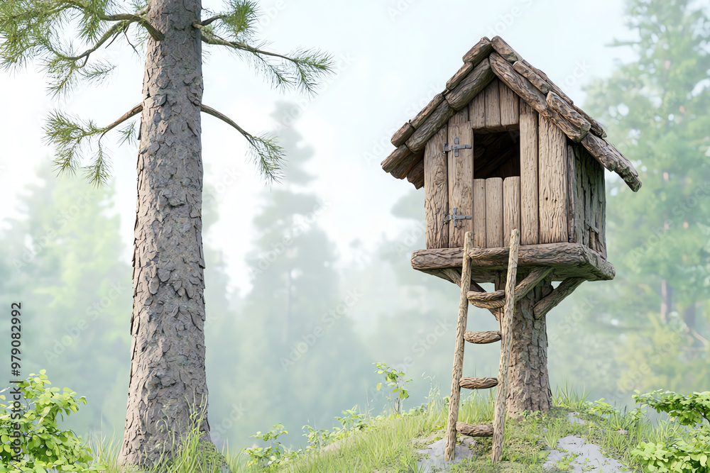 Charming wooden treehouse nestled in a serene forest with tall trees and soft greenery, perfect for nature lovers. Charming wooden treehouse nestled in a serene forest with tall trees and soft greenery, perfect for nature lovers.