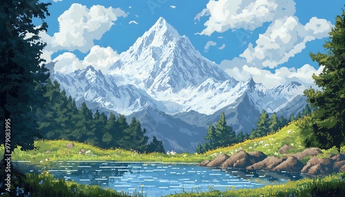 A pixel art illustration with a pond and massive mountains