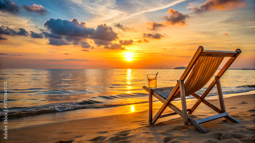 Beach chair with drink overlooking the sea at sunset , beach, chair, sunset, drink, sea, view, relaxation, vacation, holiday, tranquil Beach chair with drink overlooking the sea at sunset , beach, chair, sunset, drink, sea, view, relaxation, vacation, holiday, tranquil