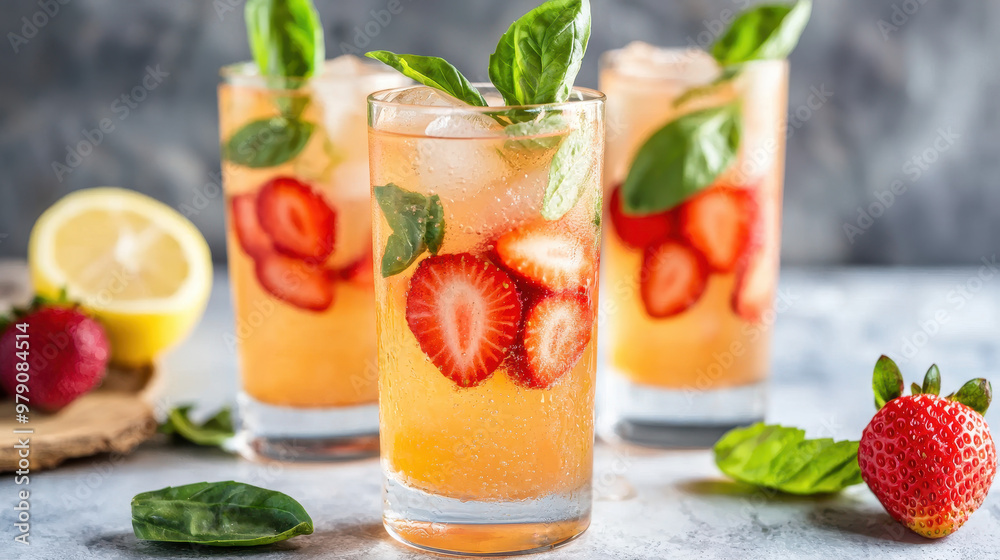 Refreshing strawberry basil lemonade cocktails served with ice, garnished with fresh basil and colorful strawberry slices Refreshing strawberry basil lemonade cocktails served with ice, garnished with fresh basil and colorful strawberry slices