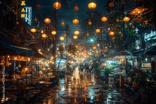 Night market in Asia illuminated by colorful lanterns with rain-soaked streets and bustling activity