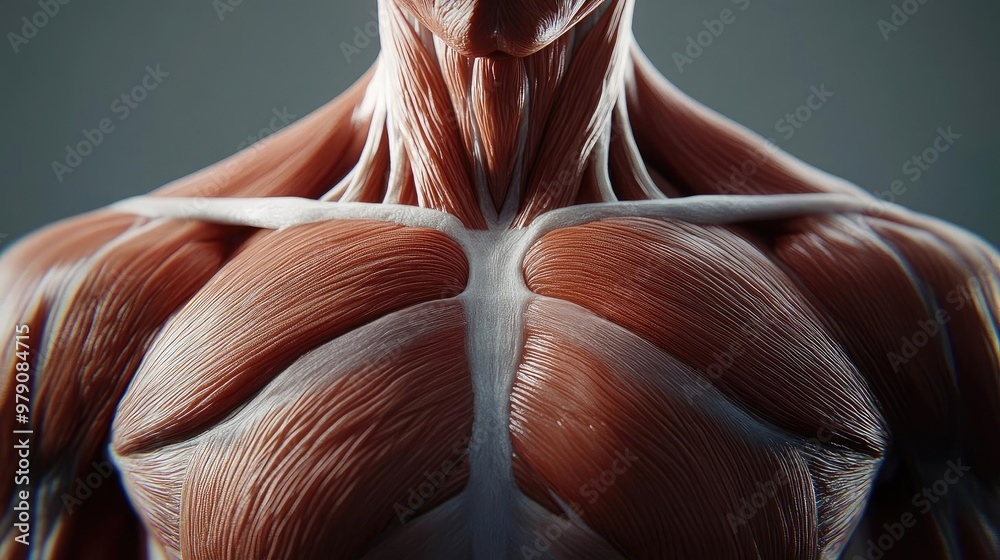 Close-up of human muscle anatomy, highlighting intricate details of pectoral muscles and connective tissue in 3D rendering. Close-up of human muscle anatomy, highlighting intricate details of pectoral muscles and connective tissue in 3D rendering.