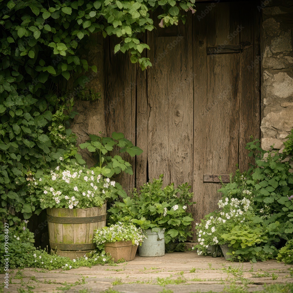 A charming entrance with rustic wooden door, surrounded by lush greenery and blooming flowers in pots, evoking a serene atmosphere. A charming entrance with rustic wooden door, surrounded by lush greenery and blooming flowers in pots, evoking a serene atmosphere.