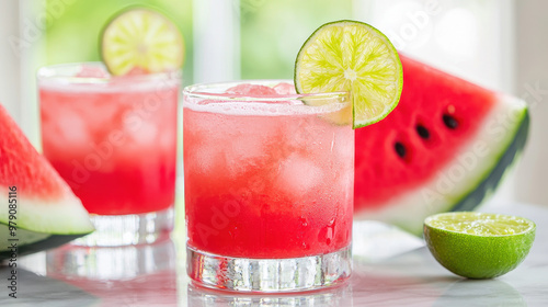 Refreshing watermelon and lime cocktails served with ice, garnished with lime slices, alongside fresh watermelon slices photo