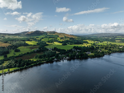 Aerial view of tranquil Loch Lomond surrounded by lush hills and serene forest, Trossachs National Park, United Kingdom. photo