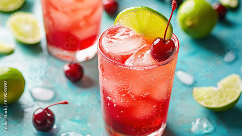Wallpaper Mural Refreshing cocktail with ice, cherries, and lime served in a glass on a vibrant turquoise background Torontodigital.ca