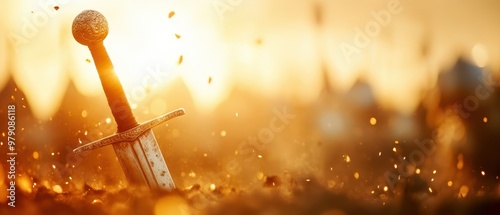 A close-up of a gleaming sword embedded in earthy soil, with a warm sunset backdrop, evoking a sense of adventure and history. photo