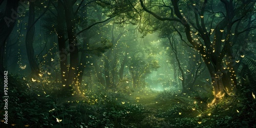 Mythical forest fireflies firefly glowing.