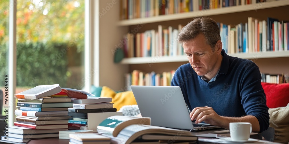 An adult learner in a quiet, home study setting with a stack of books, a laptop, and a cup of coffee, working on self-paced coursework or personal research. An adult learner in a quiet, home study setting with a stack of books, a laptop, and a cup of coffee, working on self-paced coursework or personal research.