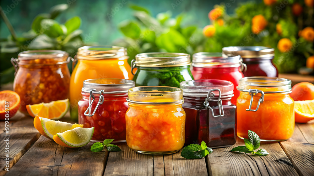 A variety of colorful jars of homemade marmalade on a wooden table, marmalade, selection, variety, homemade, jars, colorful A variety of colorful jars of homemade marmalade on a wooden table, marmalade, selection, variety, homemade, jars, colorful