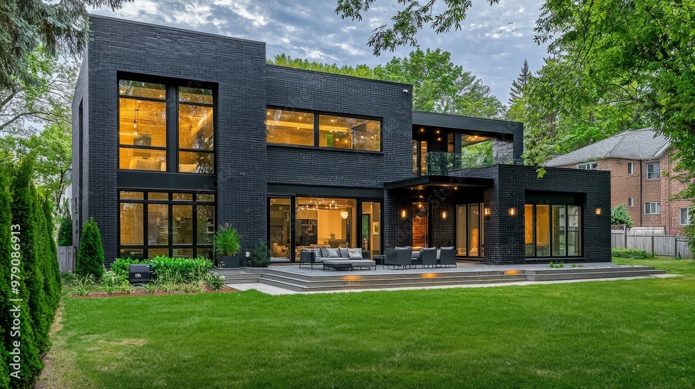 The modern patio of a luxury home is decorated with green plants and stylish outdoor furniture.