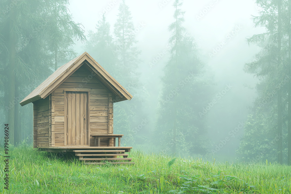 Serene wooden house in a misty forest surrounded by tall trees and lush grass. A perfect retreat for nature lovers. Serene wooden house in a misty forest surrounded by tall trees and lush grass. A perfect retreat for nature lovers.