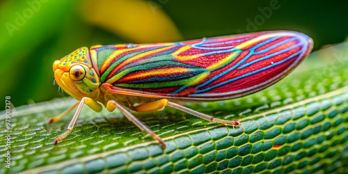 Vibrant candy-striped leafhopper showcasing intricate veined wings , bug, insect, close-up, color palette, vivid, nature photo