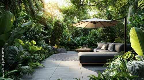 A large umbrella, lush greenery, and a shady spot enhance your comfort on this modern outdoor patio. photo