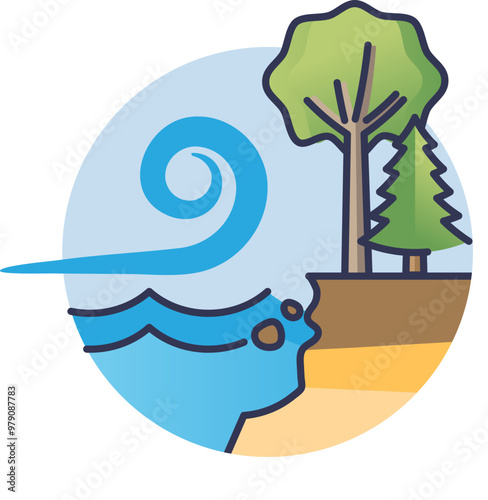 Illustration of eroded shoreline with trees, waves, and cliff, symbolizing coastal erosion.