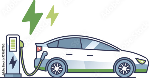 Illustration of an electric car charging at a station, symbolizing eco-friendly transportation and renewable energy.