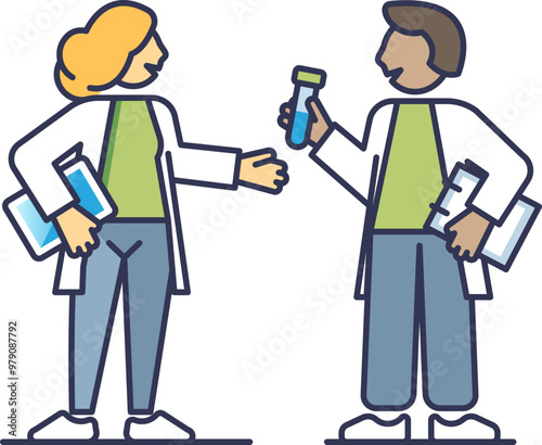 Two climate scientists discussing research, holding a test tube and documents, symbolizing collaboration and scientific analysis.