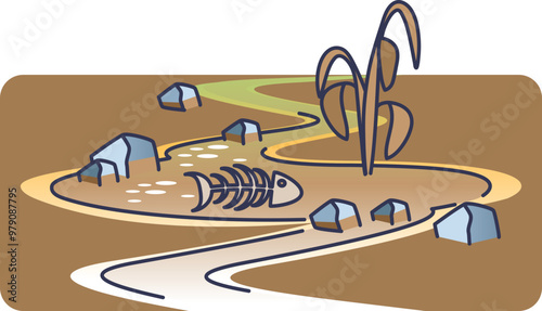 Illustration of a dried-up riverbed with rocks, a fish skeleton, and sparse vegetation, symbolizing drought and environmental degradation.