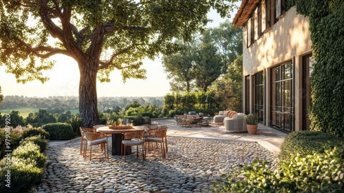 Greenery surrounds a stylish patio set with a modern table and chairs
