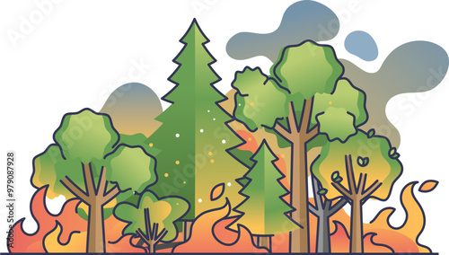Illustration of a wildfire in a forest with trees and flames, symbolizing environmental destruction and natural disasters.