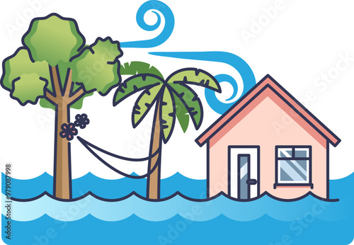 Illustration of a coastal house and trees partially submerged in water, symbolizing rising sea levels and coastal flooding.
