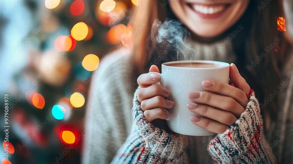 Woman Holding a Steaming Mug with a Cozy Sweater against a Festive Christmas Tree Light Background Woman Holding a Steaming Mug with a Cozy Sweater against a Festive Christmas Tree Light Background