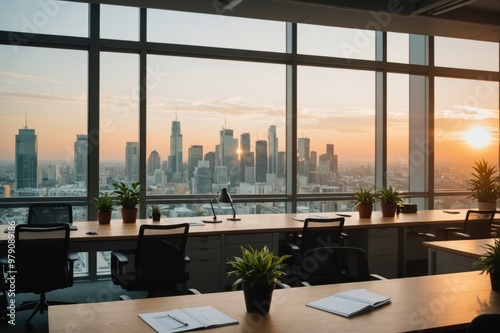 blur background of office interior with large windows with city urban view, plants, and wooden desks at sunset