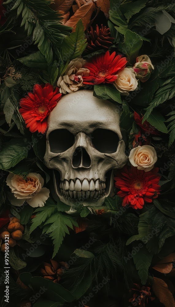 A decorative skull surrounded by vibrant flowers and lush foliage, symbolizing the juxtaposition of life and death. A decorative skull surrounded by vibrant flowers and lush foliage, symbolizing the juxtaposition of life and death.