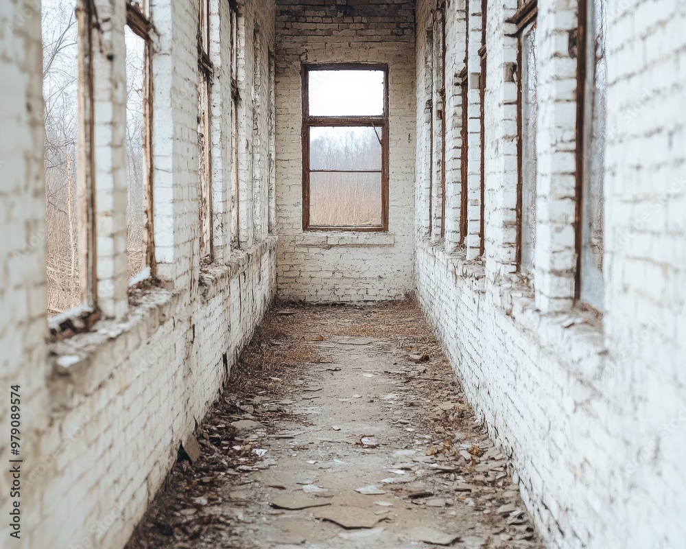 A desolate hallway featuring cracked walls and a dusty floor, highlighting the beauty of decay in an abandoned building. A desolate hallway featuring cracked walls and a dusty floor, highlighting the beauty of decay in an abandoned building.