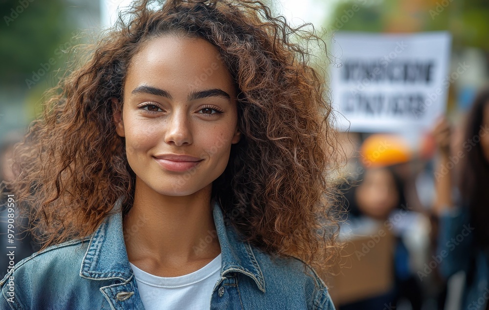 Confident mixed-race woman with curly hair wearing denim jacket participating in outdoor protest march Confident mixed-race woman with curly hair wearing denim jacket participating in outdoor protest march
