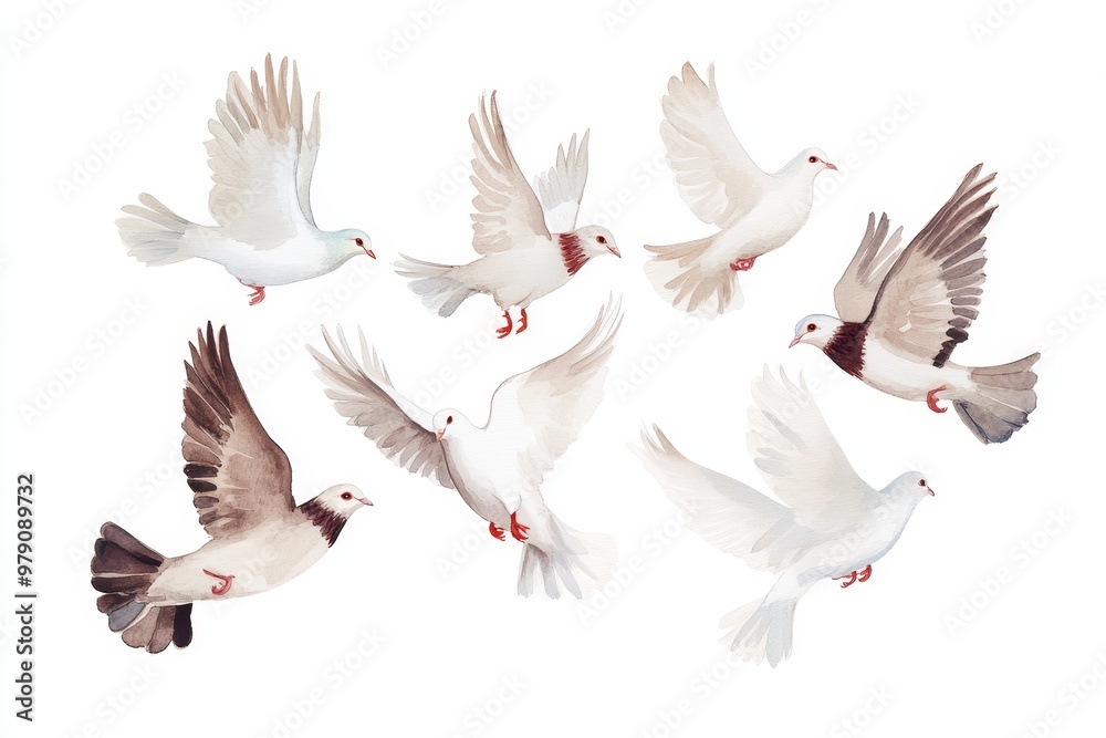 Fototapeta premium Illustrate a serene flock of doves mid-flight, their graceful wings outstretched, against a clean white canvas