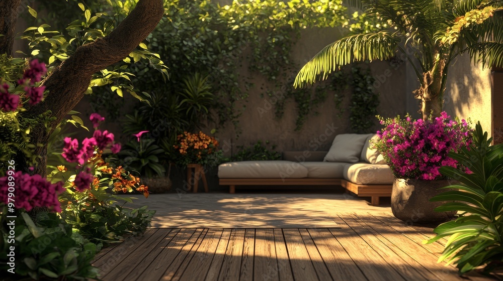 Obraz premium An outdoor living environment with a unique set of outdoor furniture and a well-maintained greenery