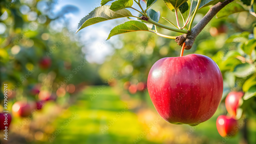Single ripe apple hanging from a vine in a bountiful orchard, abundance, harvest, scenic, fruit, agriculture, vibrant, healthy Single ripe apple hanging from a vine in a bountiful orchard, abundance, harvest, scenic, fruit, agriculture, vibrant, healthy