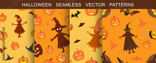  halloween seamlless vector patterns, witches bats pumpkins on orange background
