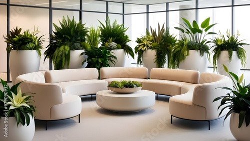 Circular seating area featuring white furniture and lush plants, ideal for relaxation and outdoor gatherings.