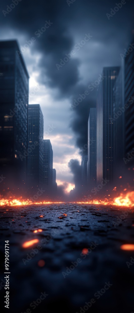 A dramatic urban scene depicting a burning street amidst towering buildings and ominous smoke clouds. A dramatic urban scene depicting a burning street amidst towering buildings and ominous smoke clouds.