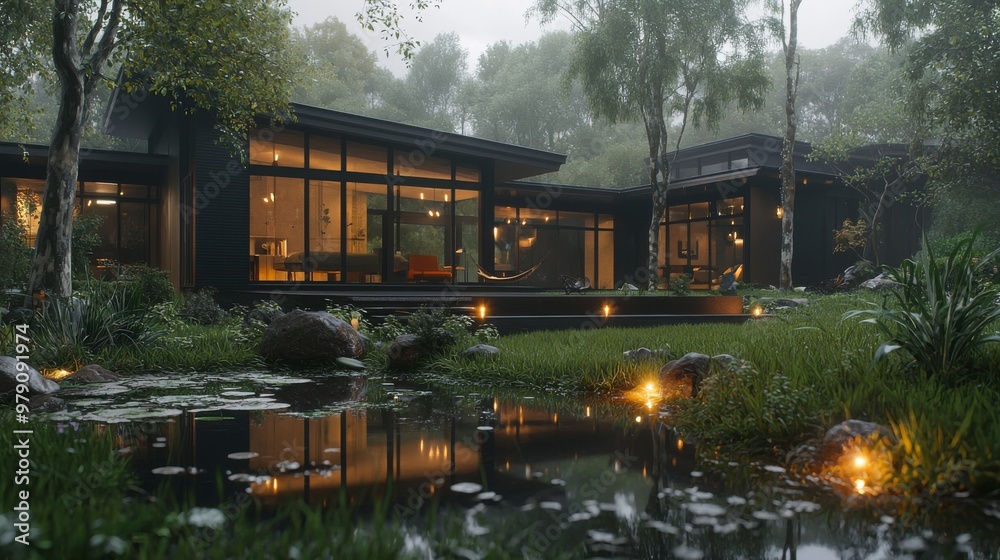 House with pitched roof and large overhangs in forest with pond and lily pond, cozy wood, with dark bronze and dark black, with asian influences, dark gray, soft lighting, orient-inspired.