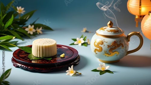 A teapot and a bowl of rice beside a glowing lantern, creating a warm and inviting atmosphere for tea time.
