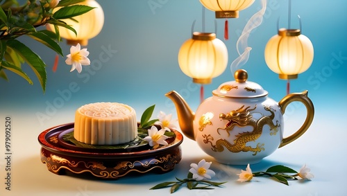 A teapot and a bowl of rice beside a glowing lantern, creating a warm and inviting atmosphere for tea time.
