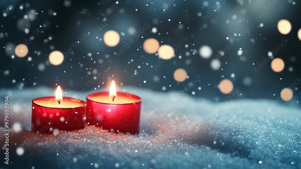 Christmas background with candles on a snow and bokeh .generative ai Christmas background with candles on a snow and bokeh .generative ai