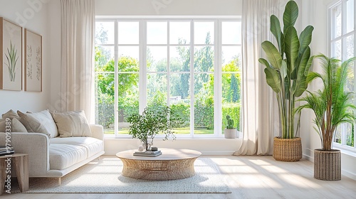 A minimalist living room with a large window overlooking a green garden  with a couch  coffee table  and plants.