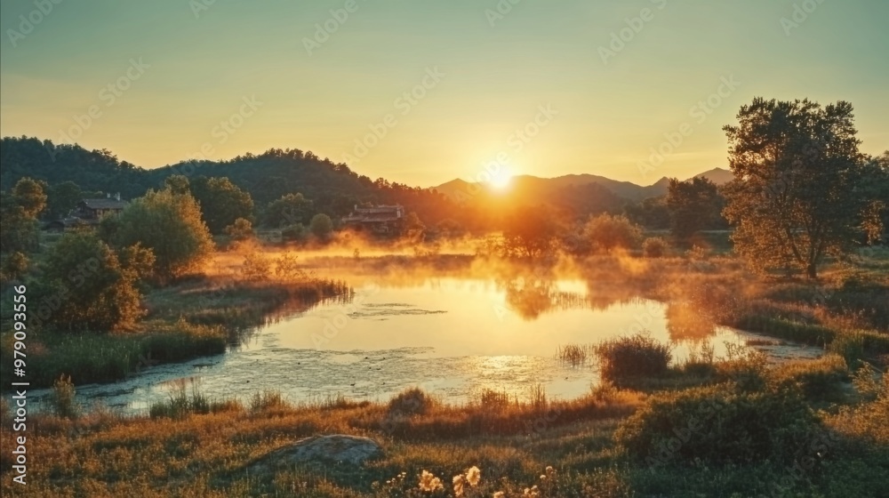 Naklejka premium Sunrise over a Misty Lake