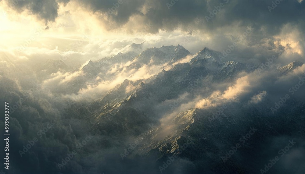 Dramatic mountain peaks pierce through a thick layer of clouds, with a golden glow emanating from the sun above. Dramatic mountain peaks pierce through a thick layer of clouds, with a golden glow emanating from the sun above.