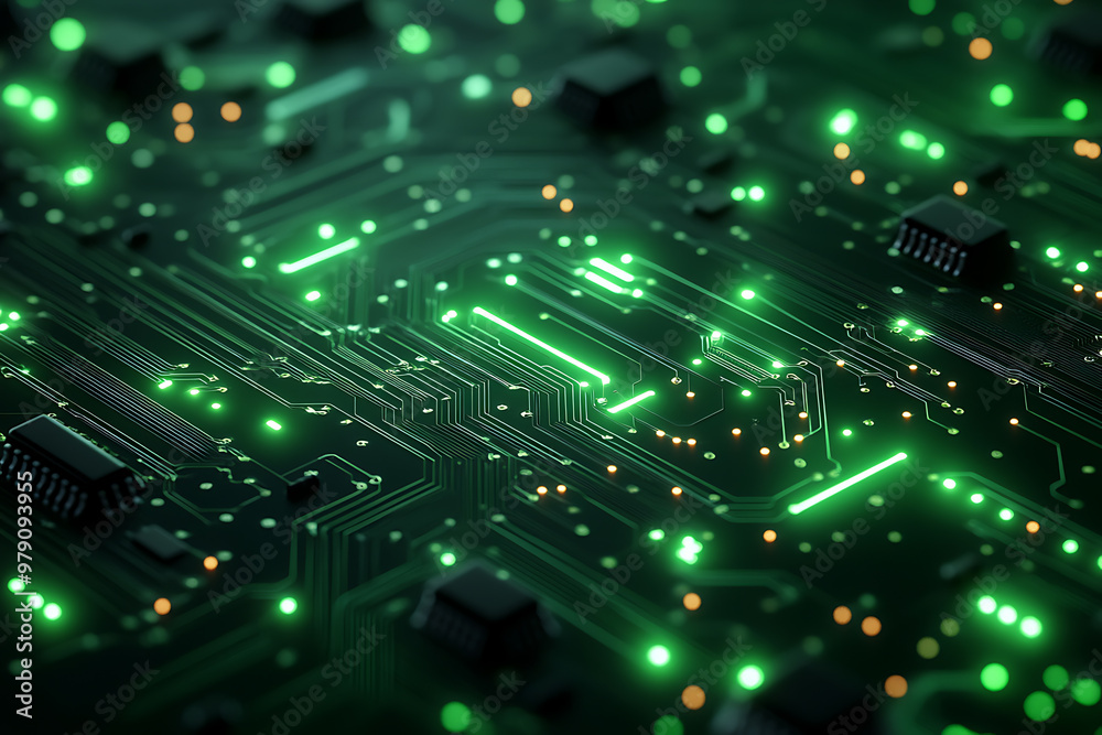 Abstract representation of a circuit board with glowing neon lines and geometric patterns against a dark background. The image evokes a high-tech, futuristic feel with ample copy space	
