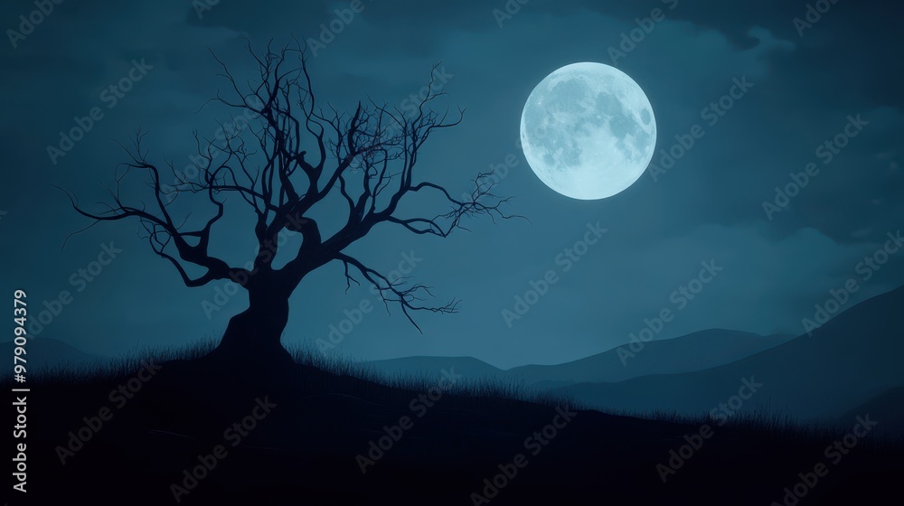 A haunting moonlit landscape featuring a silhouetted tree against a night sky, evoking mystery and tranquility. A haunting moonlit landscape featuring a silhouetted tree against a night sky, evoking mystery and tranquility.