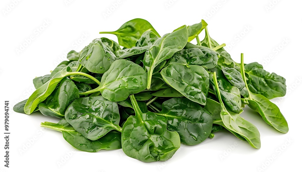 Heap of fresh green baby spinach leaves isolated on white background Heap of fresh green baby spinach leaves isolated on white background