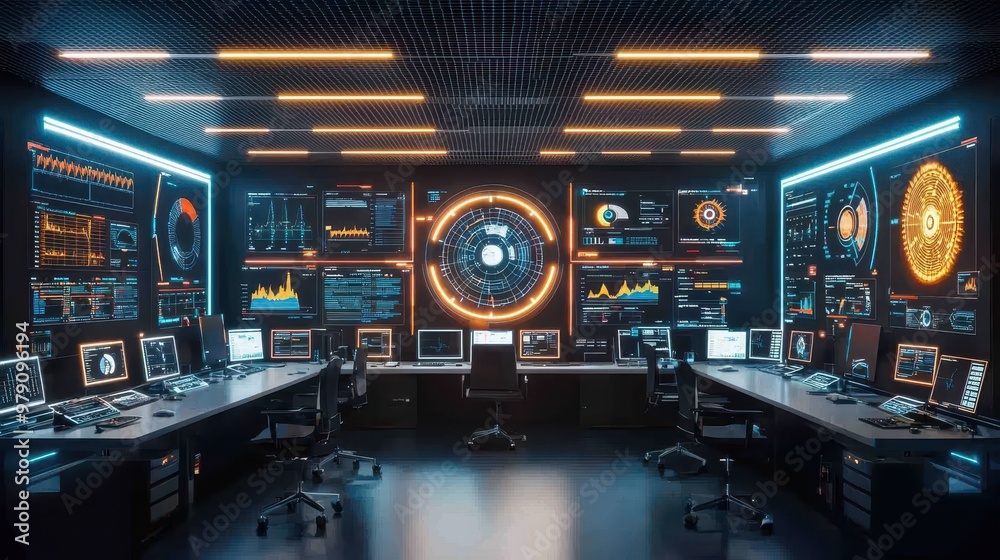 Futuristic Control Room With Monitors and Data Visualization Futuristic Control Room With Monitors and Data Visualization