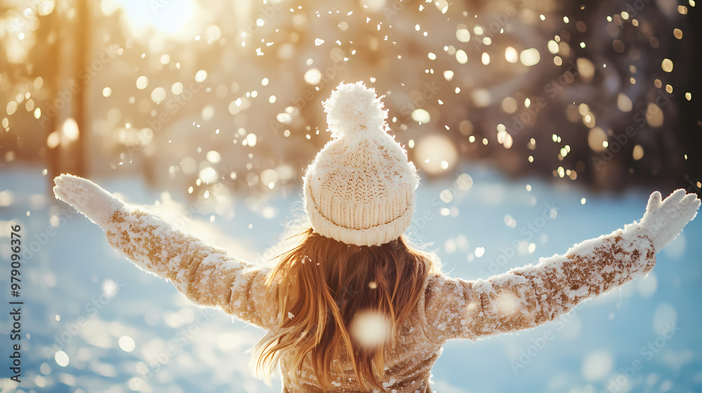 Young girl throwing snow in the air at sunny winter day, back view ...