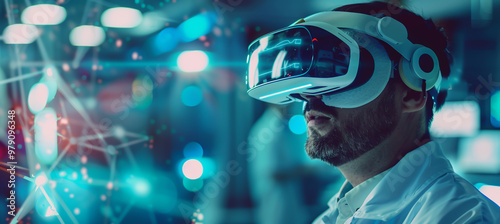 Man in medical uniform looking at virtual reality image, and ivd photo