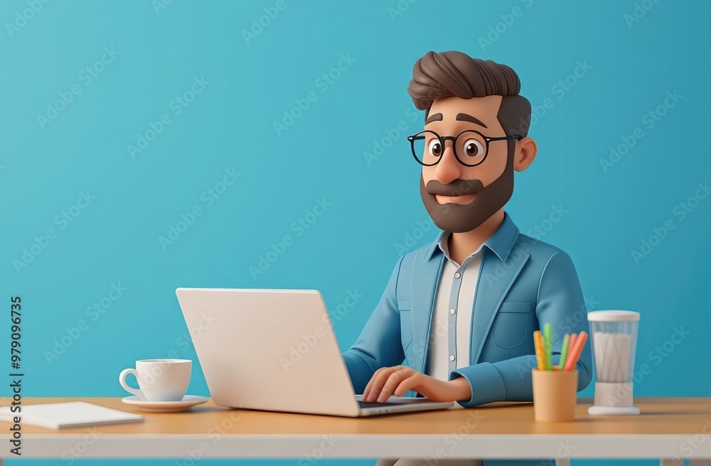cute illustration of remote male worker on laptop with coffee at table on pastel blue backdrop